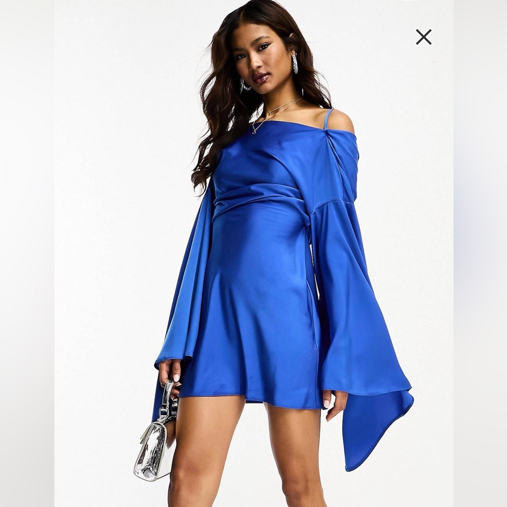 ASOS satin extreme sleeve mini dress with cross back detail in cobalt blue